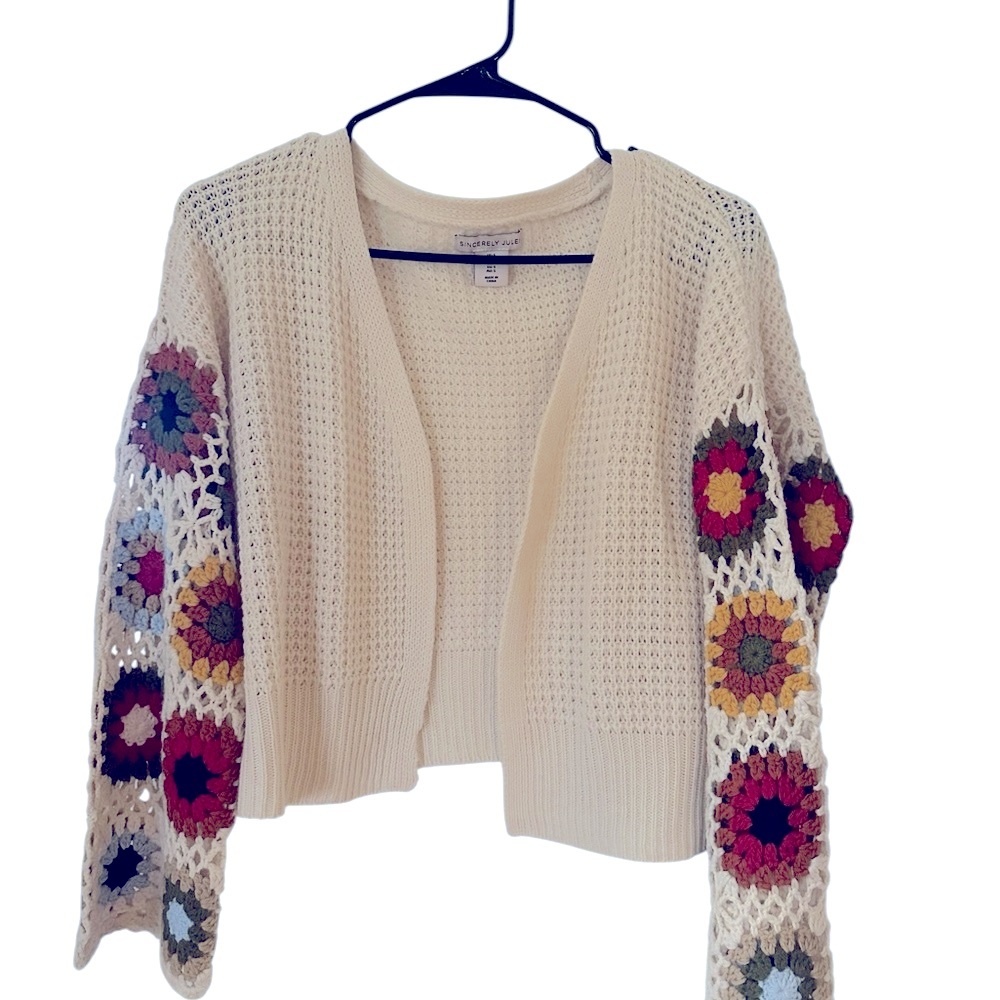 Sincerely Jules Cream Crochet Cardigan with Multicolor Accents